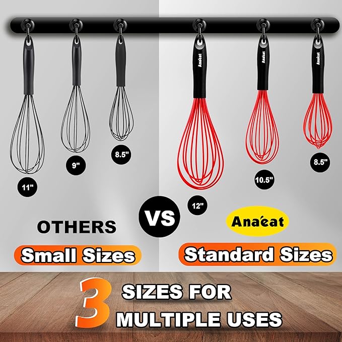 Anaeat Silicone Whisk, Thick Stainless Steel Wire Inner - Heat Resistant Kitchen Whisks for Non-Stick Cookware, Balloon Egg Beater for Whisking, Blending, Beating, Frothing & Stirring (Red)
