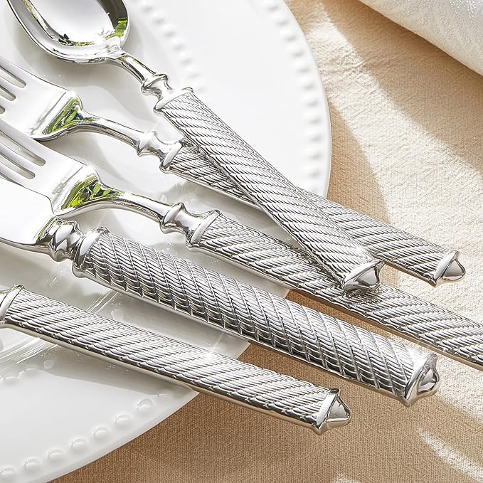 KINGSTONE Retro Rope-Pattern Silverware Set, 20-Piece Flatware Set Cutlery Set Forged with Handcrafted Texture Handles 18/10 Stainless Steel, Dishwasher Safe
