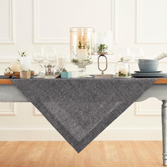 Solino Home Linen Cloth Tablecloth 52 x 52 Inch - 100% Pure Linen Chambray Black Square Tablecloth - Athena, Machine Washable Table Throw for Summer, Fall, Autumn, Halloween