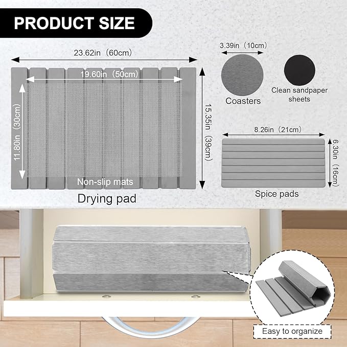 Stone Drying Mat for Kitchen Counter, 23.6"x15.4" Large Dish Drying Mat with 2 Pack Absorbent Stone Coasters 1 Seasoning Pad Quick Dry Dish Drying Mats for Kitchen Counter, Grey