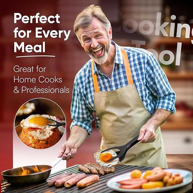 Egg Flipper Spatula Tongs (Set of 2) – Non-Stick 2-in-1 Grip & Flip Kitchen Tongs for Pancakes, Fish, Eggs, and More – Heat Resistant Cooking Tool (Black)