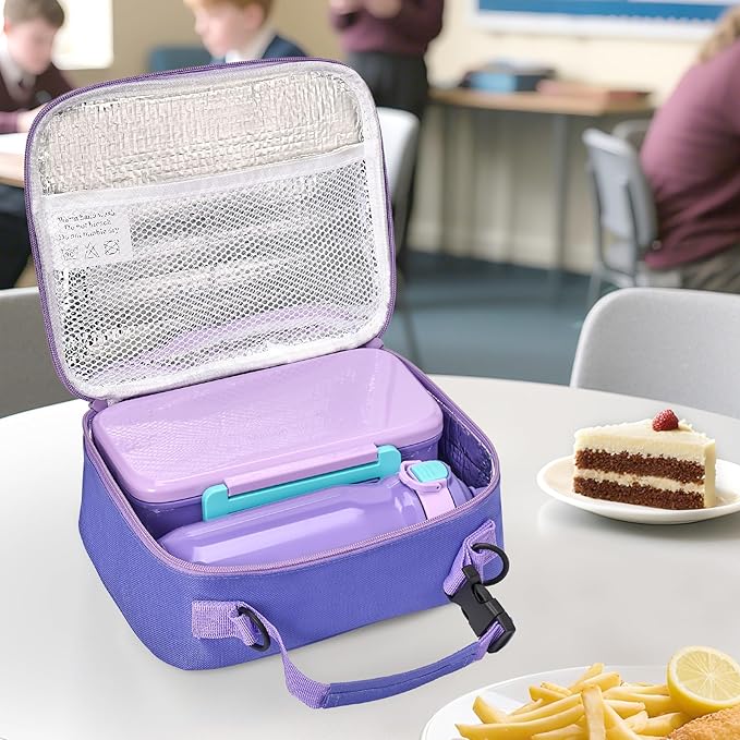 Kids Lunch Bento Box with Thermo Ice Pack Food Container with Insulated Lunch Bag, Insulated Water Bottle with Straw for Girls Boys, Purple