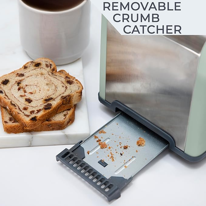 Rae Dunn Toaster, Stainless Steel 2 Slice Square Toaster, Wide Slot with 5 Browning Levels, with Bagel, Defrost and Cancel Options (Sage)