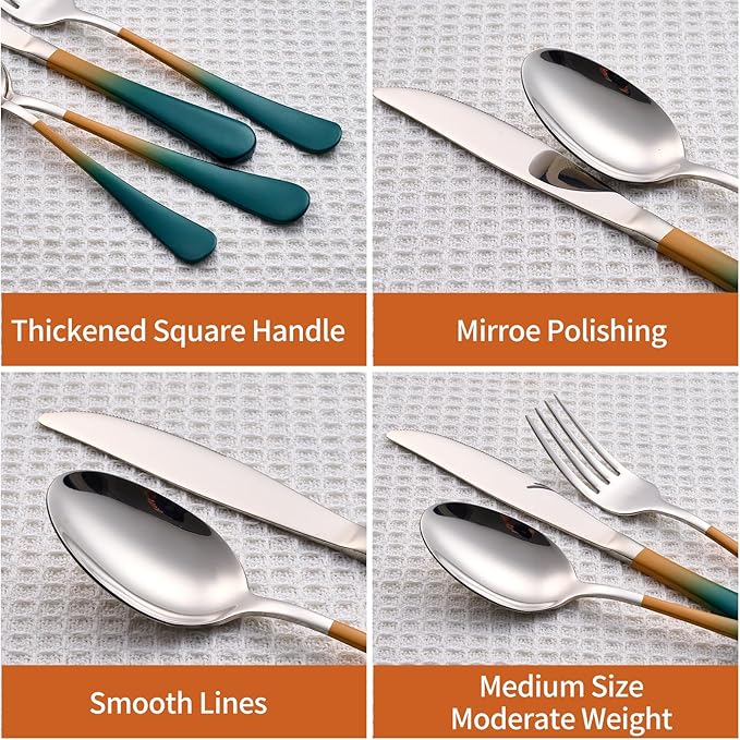 20 Piece Green and Orange 18/0 Flatware Utensil Set for 4, Include Dinner Knife,Dinner Forks,Dinner Spoons,Salad Forks,Teaspoons,Silverware Set for 4, Dishwasher Safe