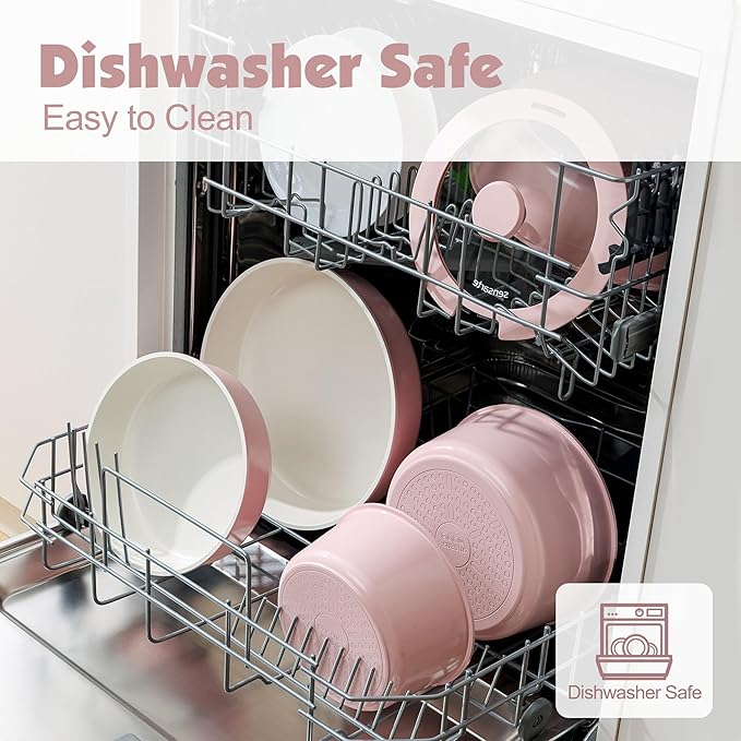 SENSARTE 24 Piece Ceramic Pots and Pans Set, Nonstick Detachable Handle Cookware, Induction Kitchen Cookware Set with Removable Handle, Healthy Non Stick for RV, Dishwasher＆Oven Safe, PFOA Free (Pink)