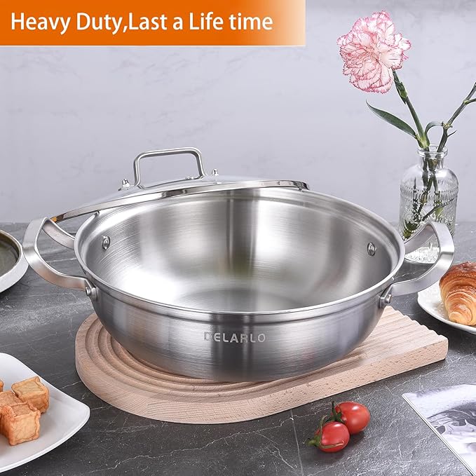 DELARLO Tri-Ply Stainless Steel 11 inch Everyday Pan with Lid, Kitchen Induction Deep Saute Pan,shabu shabu pot High Side Cooking Pot 3.5QT, Oven Safe Stock Pot, Up to 600℉
