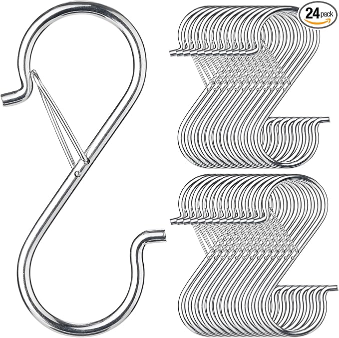 24 PCS S Hooks for Hanging with Safety Buckle, 3.5 inch Heavy Duty Metal S Shaped Hooks for Kitchen Utensil, Cups, Pots, Plants, Bags, Hats (Silver)