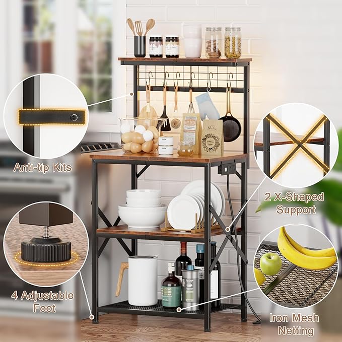 Furologee Bakers Rack with Power Outlet and LED Light, Small Microwave Stand with 4 Tier Shelves, Coffee Bar Station Table with 6 S Hooks, Kitchen Storage Rack for Spices, Pots, Rustic Brown