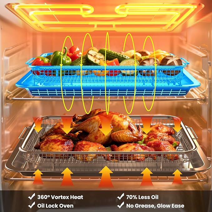 Air Fryer Basket for Oven, 2 Set Stainless Steel Pan & Crisper Tray (15"x11" &12.8"x9.7") with 60 Parchment Papers, Family-Size Non-Stick Oven Basket for Baking Chicken, Fries, Dishwasher Safe
