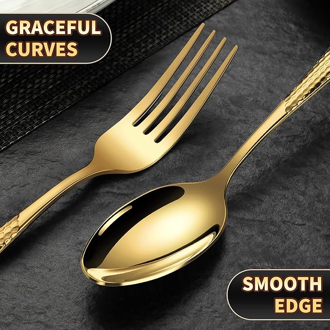 Lemeya 20-Piece Hammered Gold Silverware Set for 4 with Serrated Forging Knives,18/10 Stainless Steel Modern Flatware Set,Unique Cutlery Set Spoons and Forks Set,Mirror Polished,Dishwasher Safe