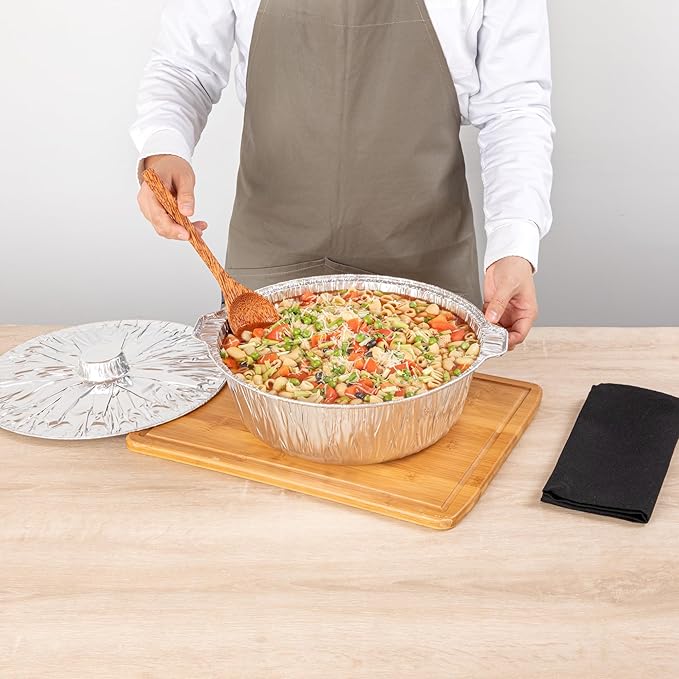 Foil Lux 8.5 Quart Pans And Lids, 50 Disposable Pots With Lids - Oven-Ready, Stove Compatible, Aluminum Foil Baking Pans, Freezable, For Outdoor Camping, Vacation, Picnic, And More - Restaurantware