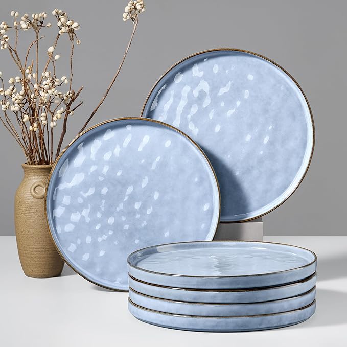 HaWare Stoneware Dinner Plates Set of 6, 10" Heavy Duty Ceramic Plate, Reactive Glaze Ripple Dinnerware for Home Restaurant, Chip and Scratch Resistant, Microwave and Dishwasher Safe, Reactive Blue