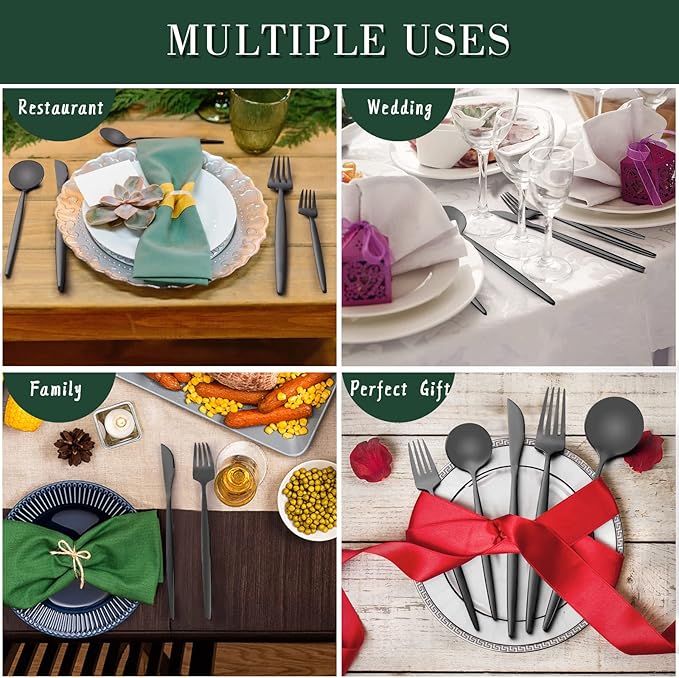 40-Piece Matte Black Silverware Set for 8, CEKEE Stainless Steel Flatware Cutlery Set, Cutlery Kitchen Utensils Set for Home Restaurant Apartment, Include Knife Forks and Spoons Silverware Set