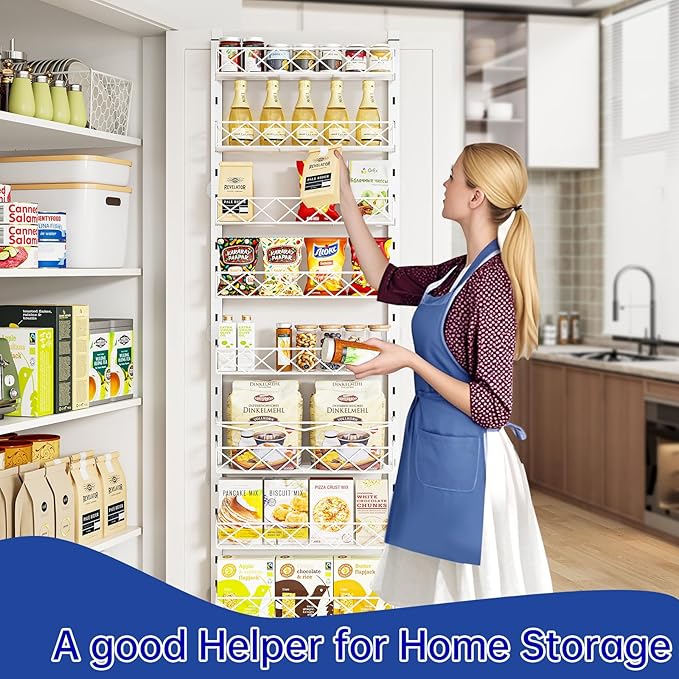 MIAOLI Over the Door Organizer, White 8-Tier Pantry Door Organizer with Adjustable Basket, Hanging Spice Rack Cabinet Door Shelves, Laundry Room Organization and Storage