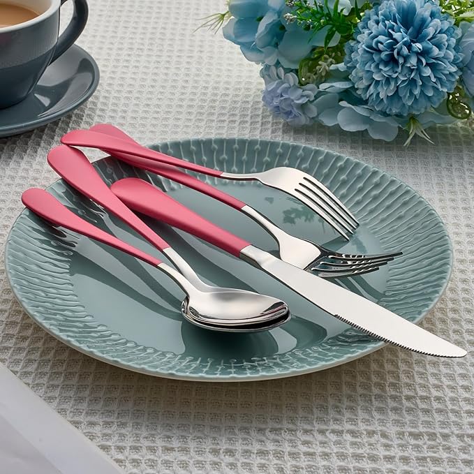20 Piece Pink 18/0 Flatware Utensil Set for 4, Include Dinner Knife,Dinner Forks,Dinner Spoons,Salad Forks,Teaspoons,Silverware Set for 4, Dishwasher Safe