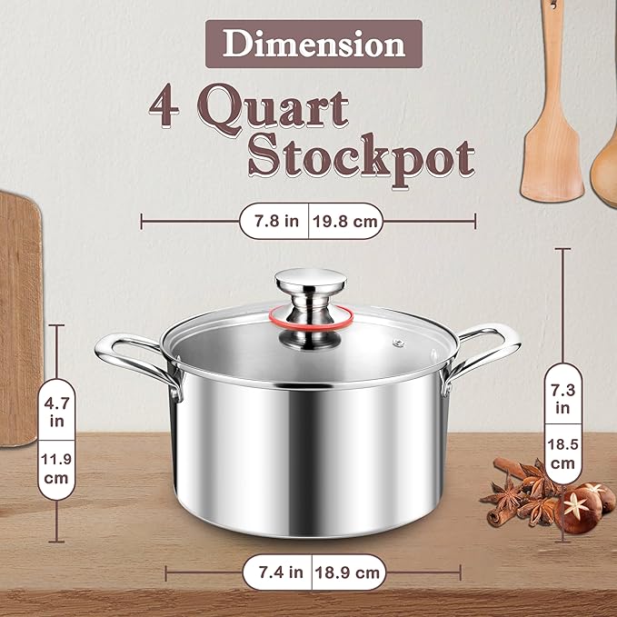 Herogo 4 Quart Stock Pot, 18/10 Stainless Steel Cooking Pot with Lid, Tri-Ply Pasta Stockpot with Handles, 4 QT Stockpot for Induction Gas Electric Stove, Dishwasher Safe