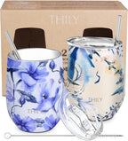 THILY Stainless Steel Insulated Wine Tumbler Stemless Wine Glass with Sliding Lid and Straw, Keep Coffee or Cocktails Cold, Cute Gifts for Women, 2 Pack(Iridaceae+Orchid)