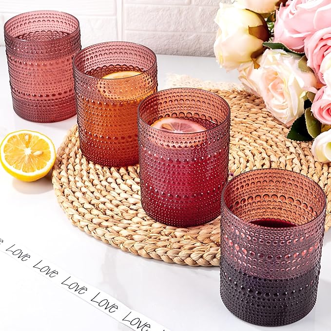 18PCS Plastic Hobnail Drinking Glasses - 14 Oz Burgundy Vintage Glasses Drinkware - Disposable Beaded Cups for Beer, Whiskey, Juice, Cocktail, Wine, Party
