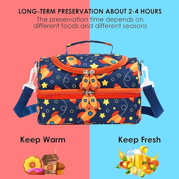 Insulated Kids Dual Compartment Lunch Bags Tote for Girls Boys Toddler Lunch Boxes Pre-School Toddler Kindergarten Picnic Camp Food Cooler Thermal with Strap (Star Rocket)