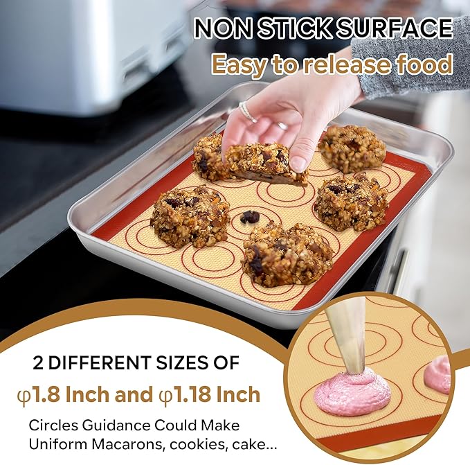 P&P CHEF 9.7 Inch Silicone Baking Mats, 2 Pcs Reusable Silicone Oven Mat, Non Stick Baking Supplies for Macaroon Pastry Bread Dough Cookie, Fits Well with Sheet Pan, Healthy & Easy Clean