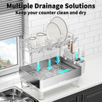 Dish Drying Rack, 2 Tier Large Dish Rack, Stainless Steel Dish Drainer for Kitchen Counter, Dishes Rack with Automatic Drainage, Utensil Holder,Cups Holder,Space Saving Kitchen Organizer,White