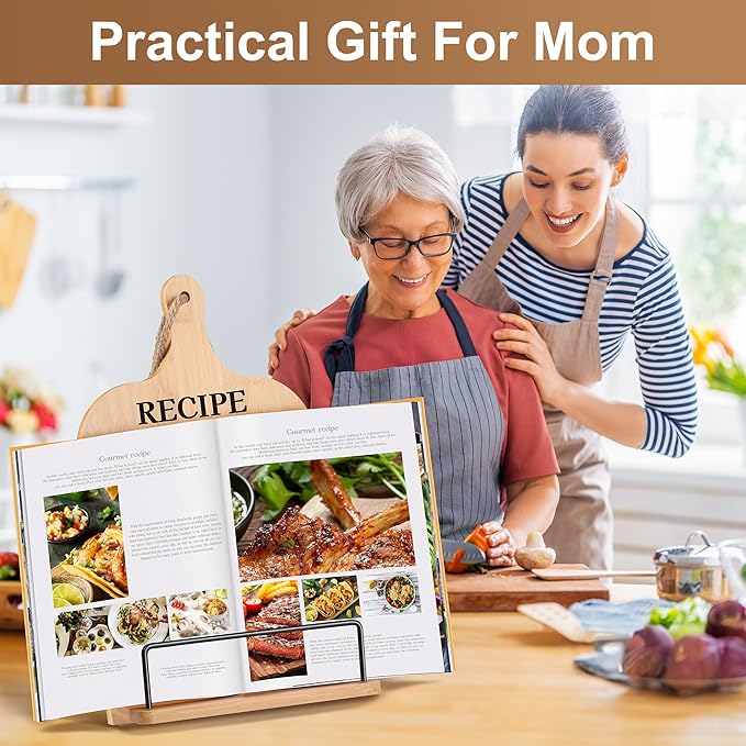 Mom Gifts Kitchen Gifts for Women Retirement Gifts Cookbook Stand Bamboo Recipe Book Holder Adjustable Non-Slip Cook Book Stand for Kitchen Counter