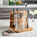 Crystal Cocktail Mixing Glass Set with Bamboo Stand - 22 Oz 650ml - Thick and Sturdy Bottom, Durable and Seamless Design with Bar Accessories Gift Set