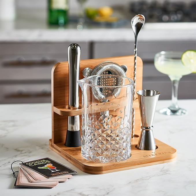 Crystal Cocktail Mixing Glass Set with Bamboo Stand - 22 Oz 650ml - Thick and Sturdy Bottom, Durable and Seamless Design with Bar Accessories Gift Set