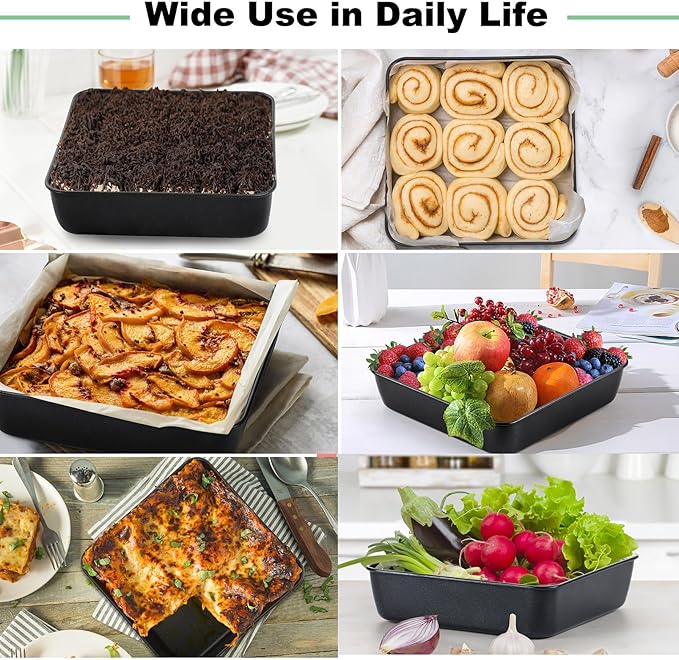 TeamFar 8 Inch Cake Pan, Square Brownie Baking Pan with Stainless Steel Core & Non Stick Coating, for Baking Roasting Storing Food, Healthy, Oven Safe & Anti-melt, Easy to Release & Clean – Set of 2