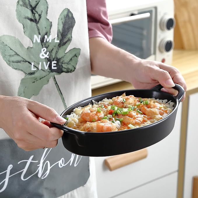 Bruntmor 8" x 5" Oval Porcelain Ceramic Deep Dish Pie Pan Set of 4, Double Handle Au Gratin Baking Dishes, Oven Safe Roasting Lasagna Pan For kitchen- Black