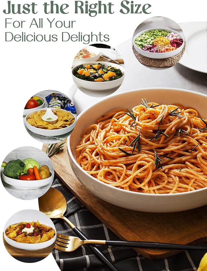 DOWAN Pasta Bowls, 65 oz Large Salad Bowls Set of 2, 10'' Serving Bowls for Wedding, Ceramic Shallow Bowl Plates, Serving Dishes for Entertaining, Microwave Dishwasher Safe