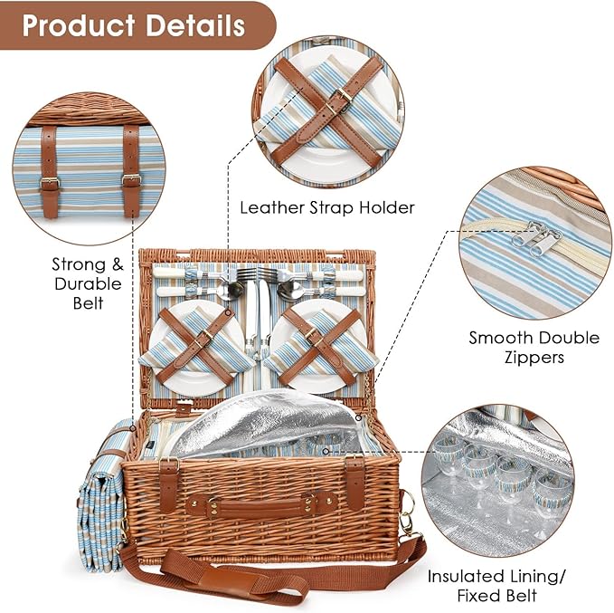 Picnic Basket Set for 4 Persons - Picnic Baskets with Large Insulated Cooler Compartment, Adjustable Shoulder Strap, Willow Hamper and Waterproof Blanket Set with Cutlery Service Kit