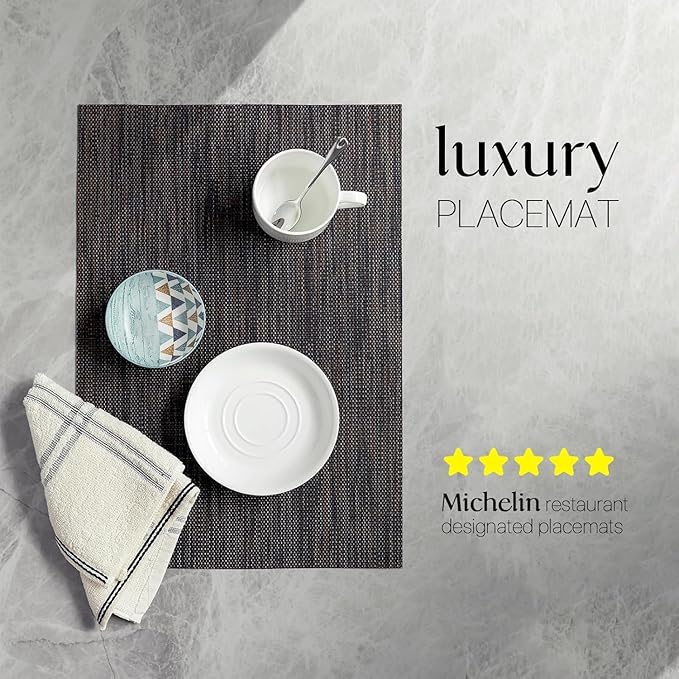 LEXMORE PVC Woven Placemats 6 PCS Wipeable Indoor/Outdoor Table Mats Washable Vinyl Place Mats for Dining Table, Set of 6-Black/Brown