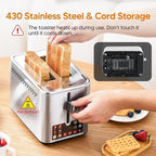 Trisiko® Touch Screen Toaster 2 Slice, Stainless Steel Smart Toaster with Digital Timer, 1.38" Extra-Wide Slots for Bread& Bagel,with Reheat, Defrost, Cancel, +15s Boost, Great for Home, Office, Dorm