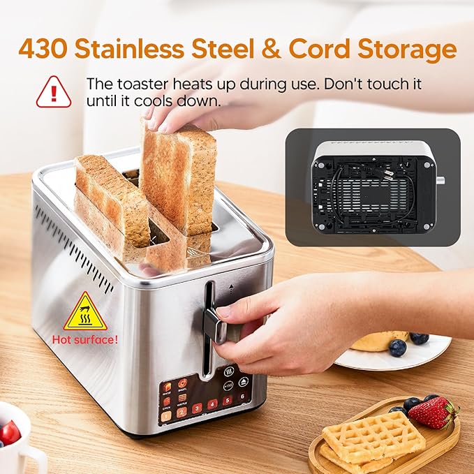 Trisiko® Touch Screen Toaster 2 Slice, Stainless Steel Smart Toaster with Digital Timer, 1.38" Extra-Wide Slots for Bread& Bagel,with Reheat, Defrost, Cancel, +15s Boost, Great for Home, Office, Dorm