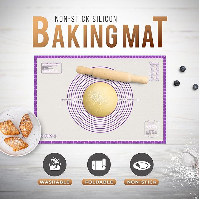 36 * 24 inches Purple, Non-Slip Silicone Baking Sheets - Baking Mat with 0.7mm Thickness - Non-Stick Pastry & Cookie Mat for Kitchen Counter for Rolling Out Dough with Measurements.