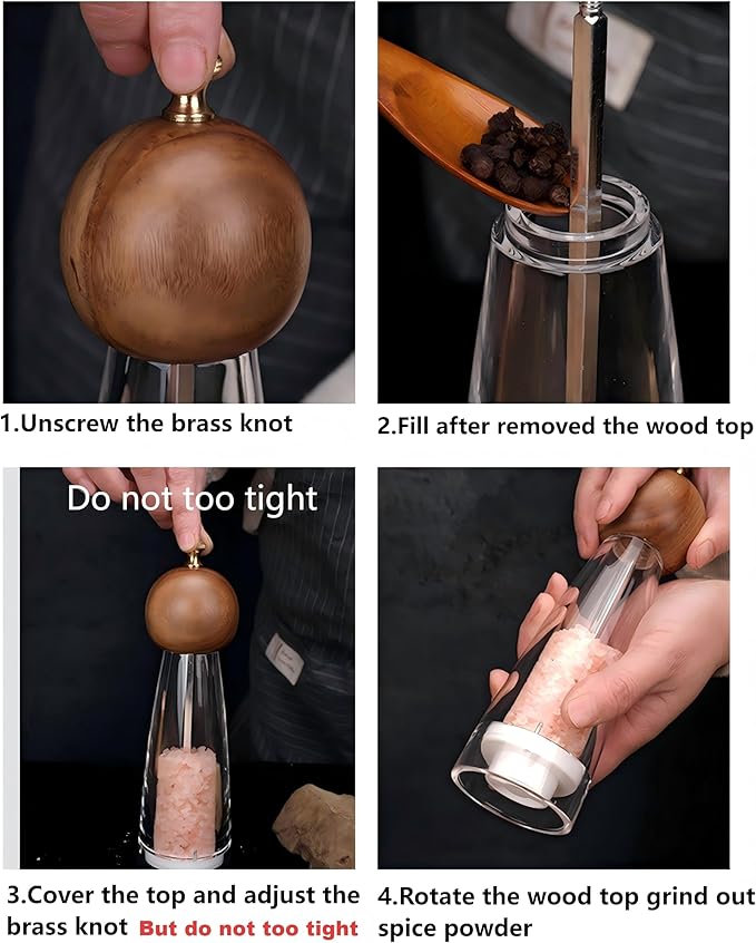 Premium Manual Crystal Pepper Salt Grinder. Environmentally Friendly Adjustable Wooden Top Grinder with Ceramic Core. Visually Transparent Acrylic Body with 3.5oz Capacity (6 ")