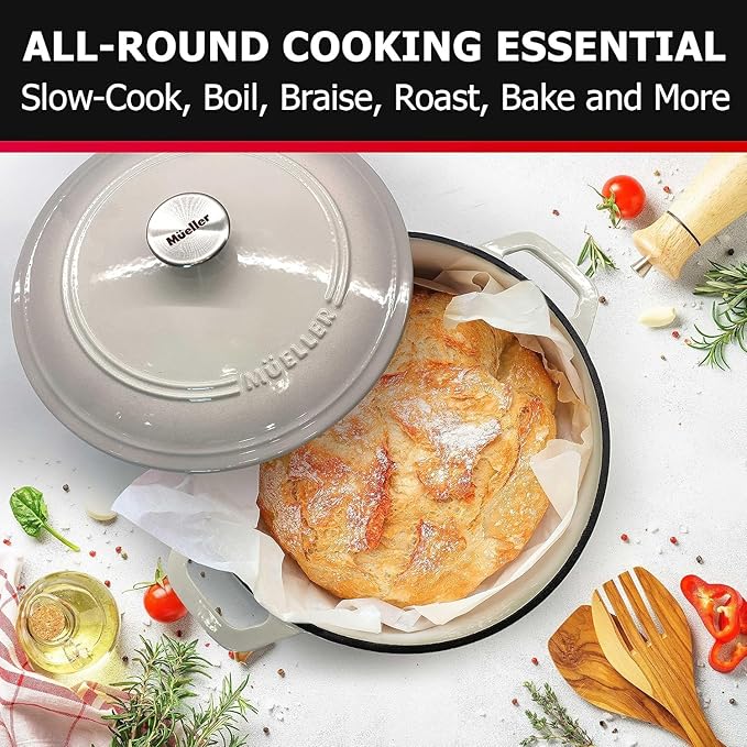 MÜELLERHOME 4.5 QT Enameled Cast Iron Dutch Oven, Heavy-Duty Casserole Dish and Braiser Pan with Lid and Stainless Knob, Oven-Safe up to 500° F & Across All Cooktops, Oyster White