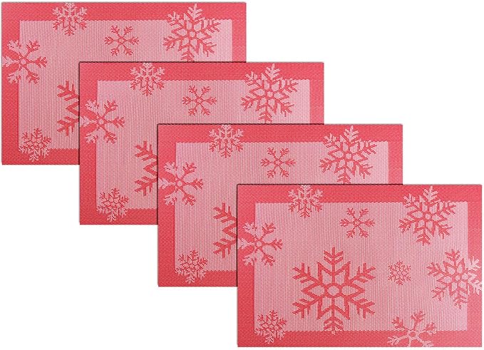 PIGCHCY Christmas Placemats Snowflake Woven Heat Resistant Placemats Washable Easy to Clean Table Mats for Dining Room and Decor(Set of 4, Red)