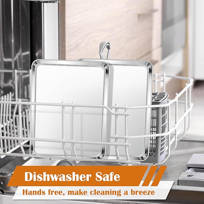 E-far Small Baking Sheet Set of 2, 10.5”x8.3” Stainless Steel Cookie Sheets Pans, Compact Non-toxic Metal Toaster Oven Trays for Cake, Healthy & Rust Free, Mirror Finish & Dishwasher Safe