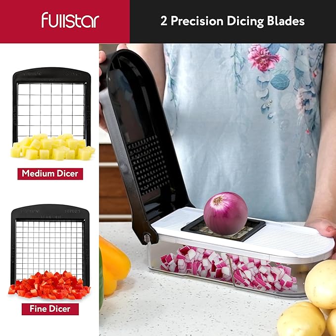 Fullstar Mandoline Slicer for Kitchen - Vegetable Chopper, Onion Potato Food Veggie Fruit Slicer and Cutter with Container, Kitchen Gadgets & Accessories, Home Essentials (10-in-1, White/Black)