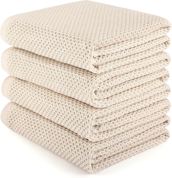 Large Kitchen Hand Towels,Cotton Waffle Weave Dish Towel for Drying, Cleaning Cloth for Kitchen Dishes - Extra Absorbent and Soft - 16 x 28 inch (Cream-4 Pack)