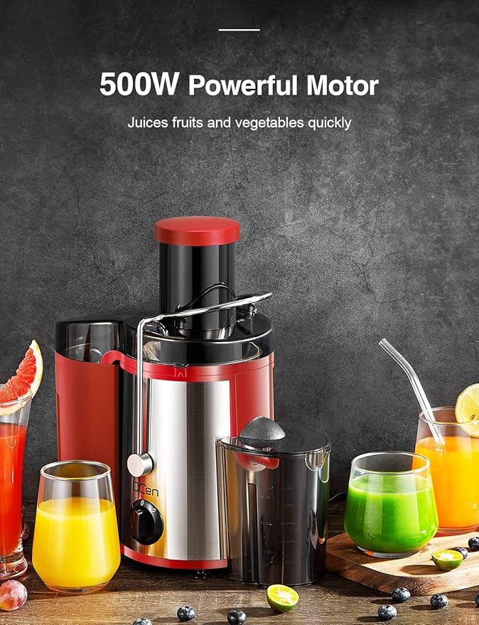 QCen Juicer Machine, 500W Centrifugal Juicer Extractor with Wide Mouth 3” Feed Chute for Fruit Vegetable, Easy to Clean, Stainless Steel, BPA-free (Red)