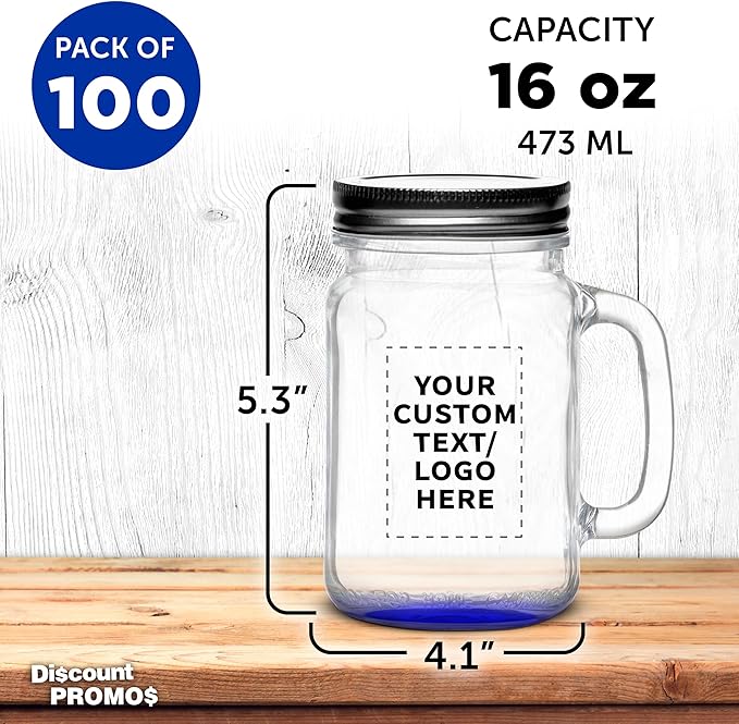 DISCOUNT PROMOS Custom Libbey Handle Mason Jars w/Lids 16 oz. Set of 100, Personalized Bulk Pack - Traditional style, High standard - Blue