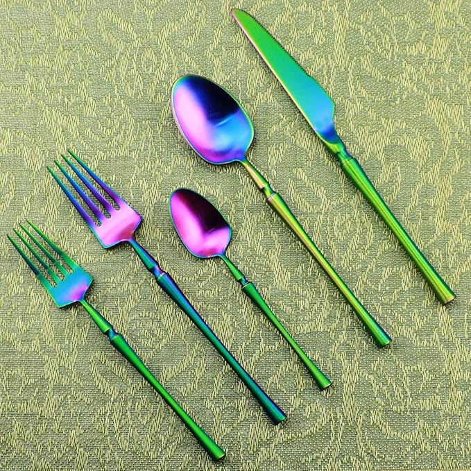 Gugrida Unique & Beautiful Flatware Set - 5 Piece Iridescent Silverware Sets | 18/10 Stainless Steel Reusable Cutlery Set | Rainbow Utensils Service For 1 with Dessert Fork, Knife, Spoon, Dinner Fork