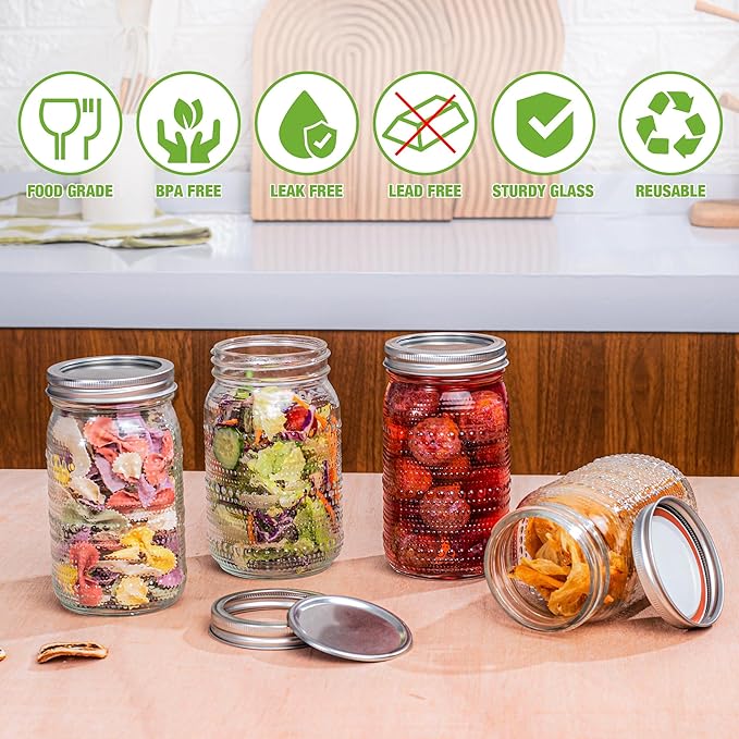 Mason Jars 32 Oz with Lids Wide Mouth 4 Pack, Glass Jars Canning Jars Large for Centerpieces Pickling Storage Food Meal Prep Salad Jam