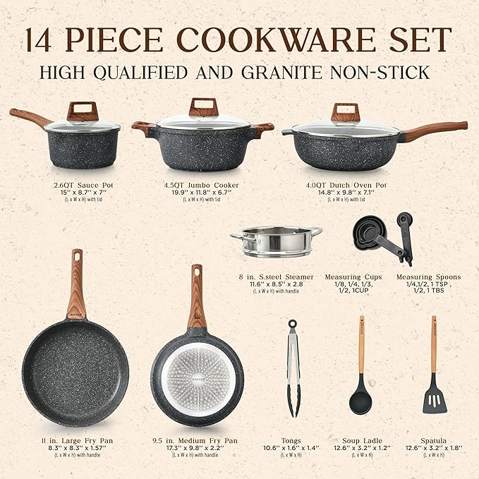 Bakken-Swiss 14-Piece Kitchen Cookware Set – Granite Non-Stick – Eco-Friendly – for All Stoves & Oven-Safe - Marble coatin