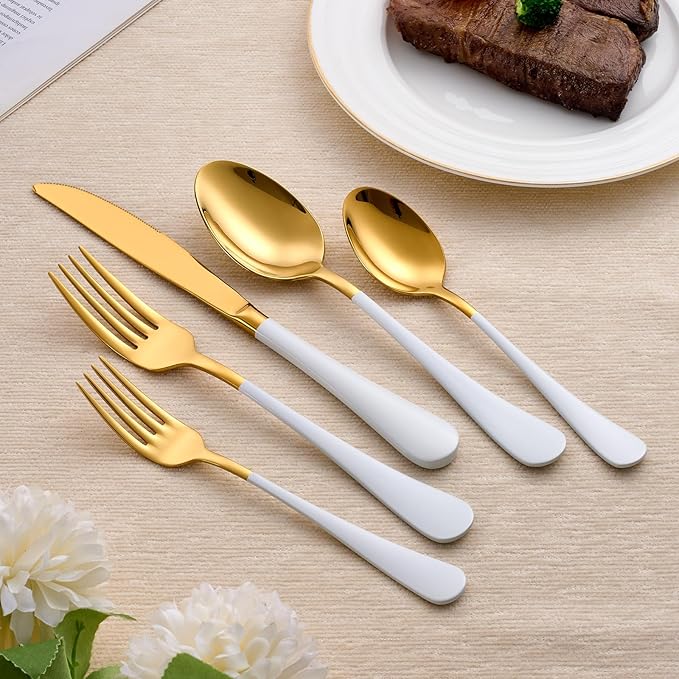 20-Piece White and Gold Silverware Set 18/0 Stainless Steel Silverware Set White Handle Cutlery Set Service for 4 Dinner Knives Forks Spoons Set Flatware Set Finish Dishwasher Safe