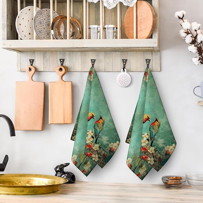 Cute Birds Kitchen Towels Decorative Set, Green Absorbent Dish Towels Tea Towels Hand Towels for Kitchen Bathroom Bar Farmhouse Decor,Gifts for Bird Lovers