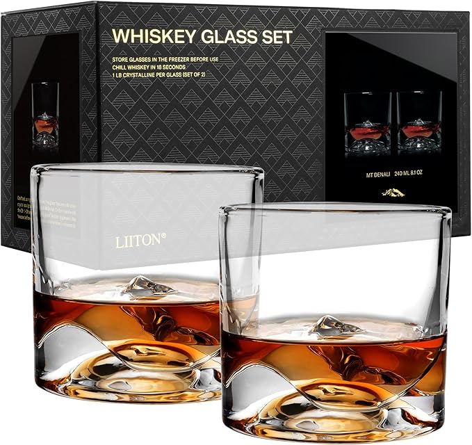 LIITON Denali Mountain Heavy Crystal Whiskey Glasses Gift Set of 2, Thick Freezable Bourbon Glass 1lb Each, Premium Whiskey Gifts for Men, Frozen Crystal Chills Cocktails, 10 oz